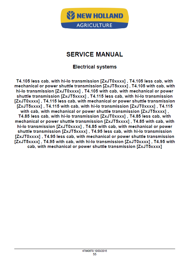 New Holland T4.85 T4.95 T4.105 T4.115 Hi-Lo Service Manual 47865297