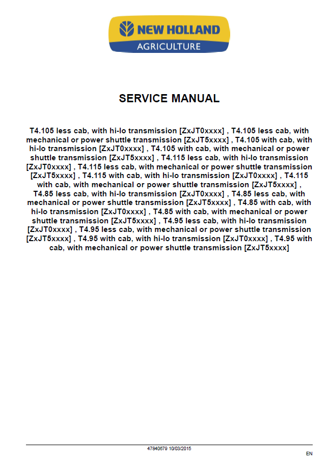 New Holland T4.85 T4.95 T4.105 T4.115 Transmission Service Manual 47840679