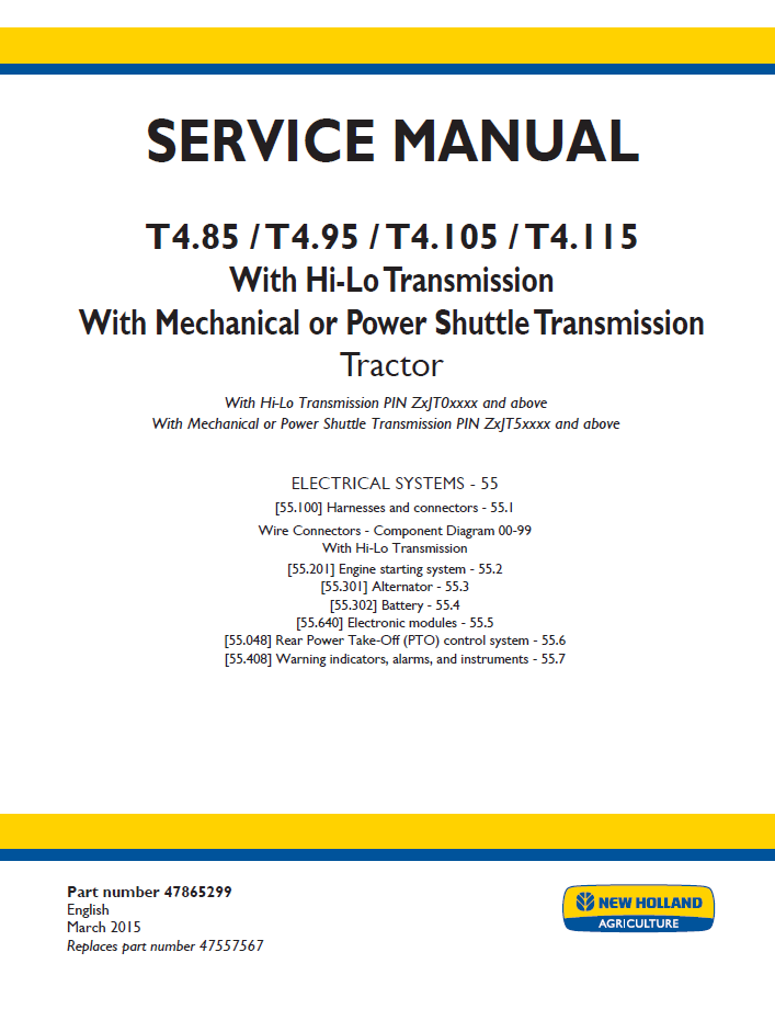 New Holland T4.85 T4.95 T4.105 T4.115 Transmission Service Manual 47865299