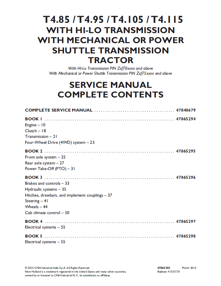 New Holland T4.85 T4.95 T4.105 T4.115 Transmission Service Manual 47865303