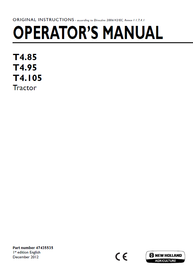 New Holland T4.85, T4.95, T4.105 Tractor Operator Manual (47435535 PDF)