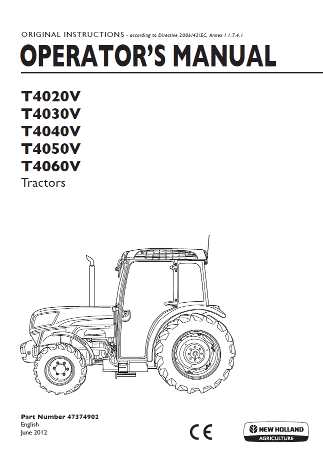 New Holland T4020V, T4030V, T4040V, T4050V, T4060V Tractor Operator Manual (47374902 PDF)