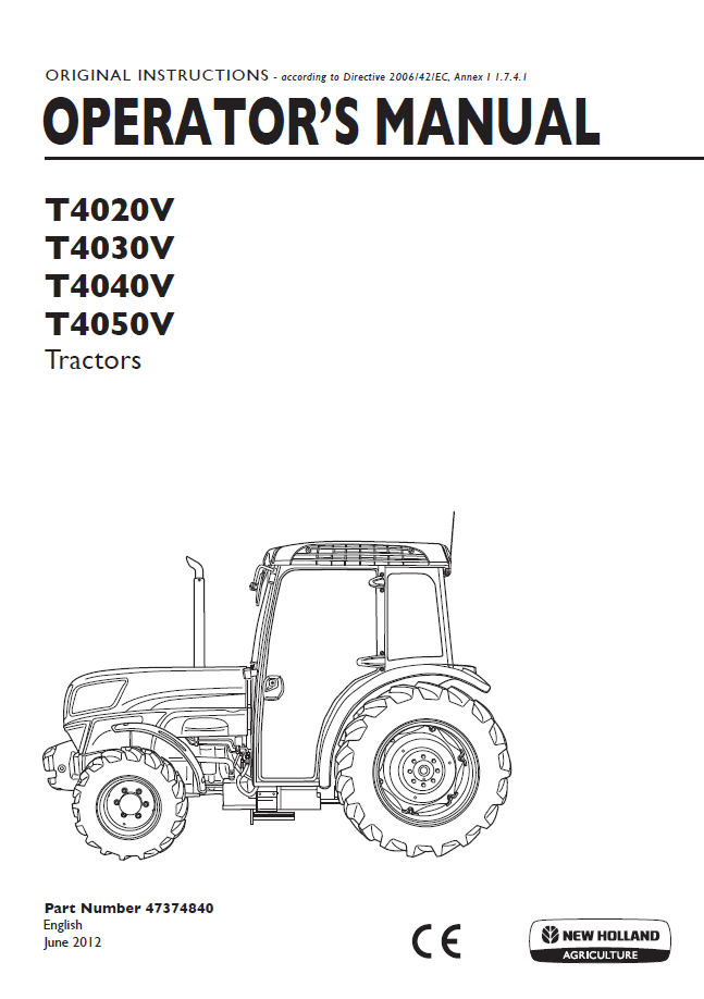 New Holland T4020V, T4030V, T4040V, T4050V Tractor Operator Manual (47374840 PDF)
