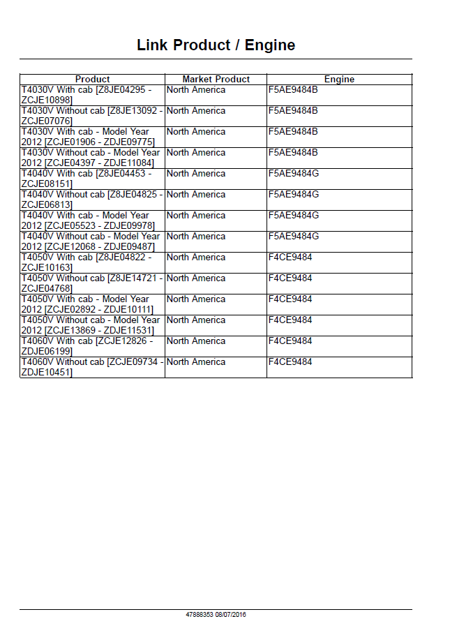 New Holland T4030V, T4040V, T4050V, T4060V Tier 3 Service Manual (Publication 47888353)