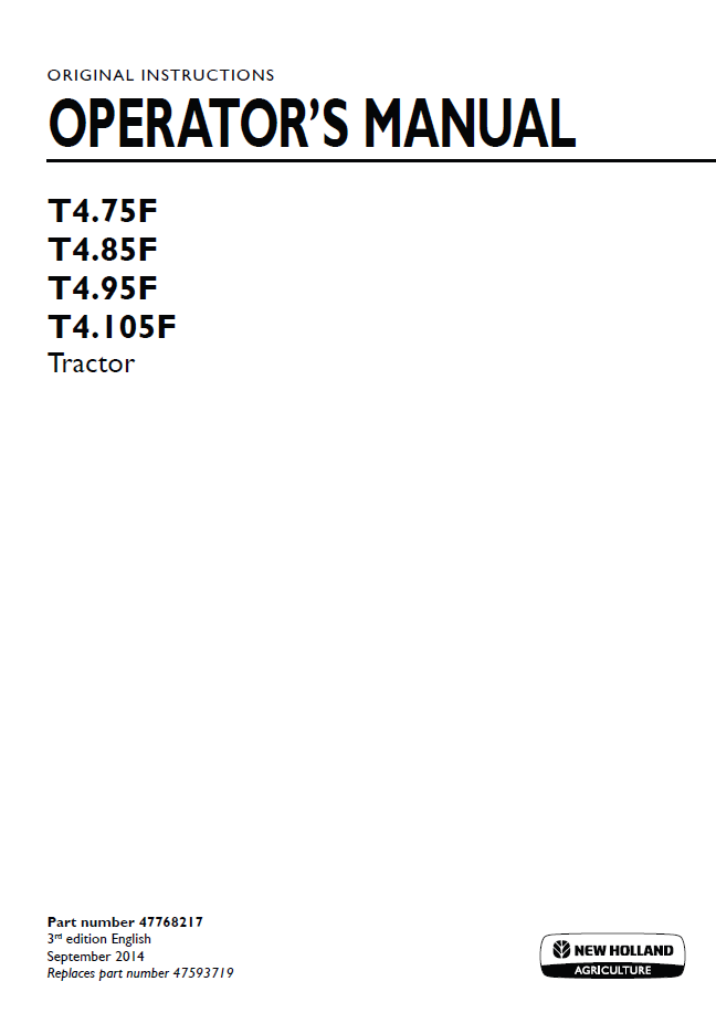 New Holland T4F Series Tractor Operator Manual | 47768217