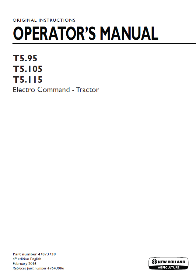 New Holland T5.95, T5.105, T5.115 Electro Command Operator Manual (Part No. 47873730)