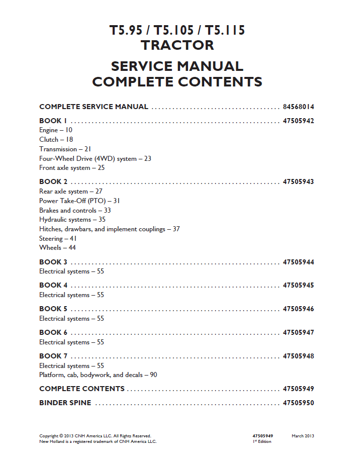 New Holland T5.95 T5.105 T5.115 Tractor Workshop Service Manual (47505949 PDF)