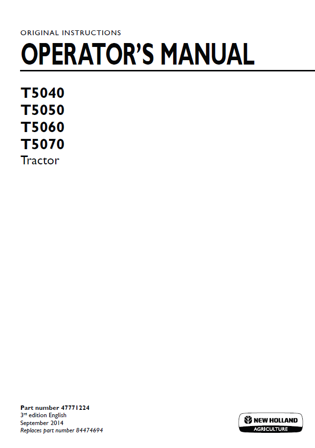 New Holland T5040-T5070 Tractor Operator Manual | 47771224 PDF