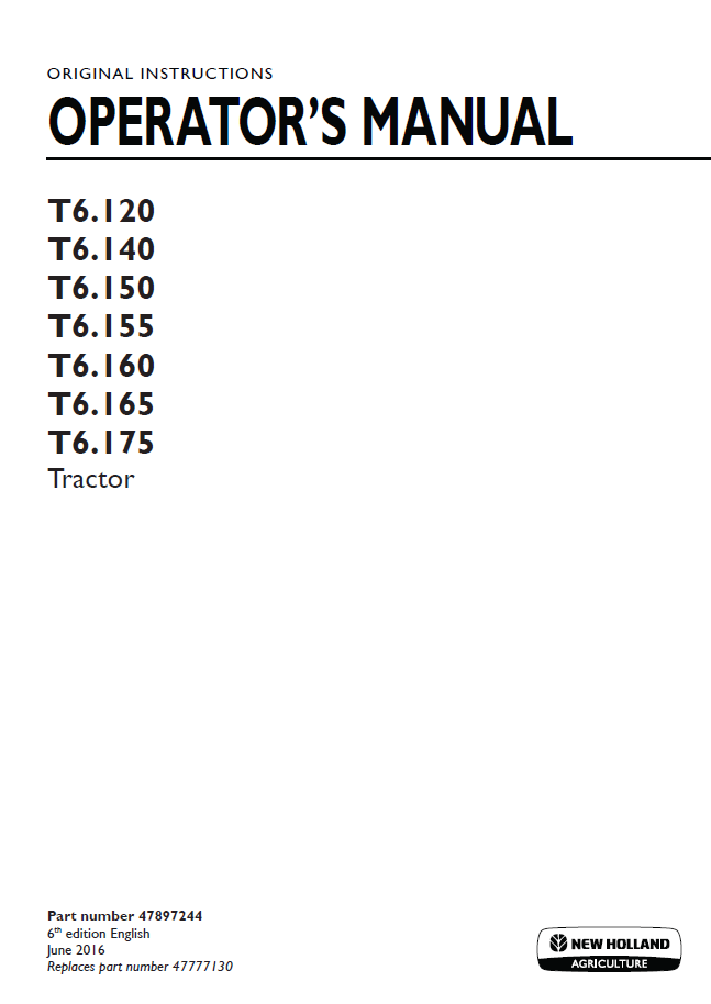 New Holland T6.120 to T6.175 Tractor Operator Manual (Part No. 47897244)