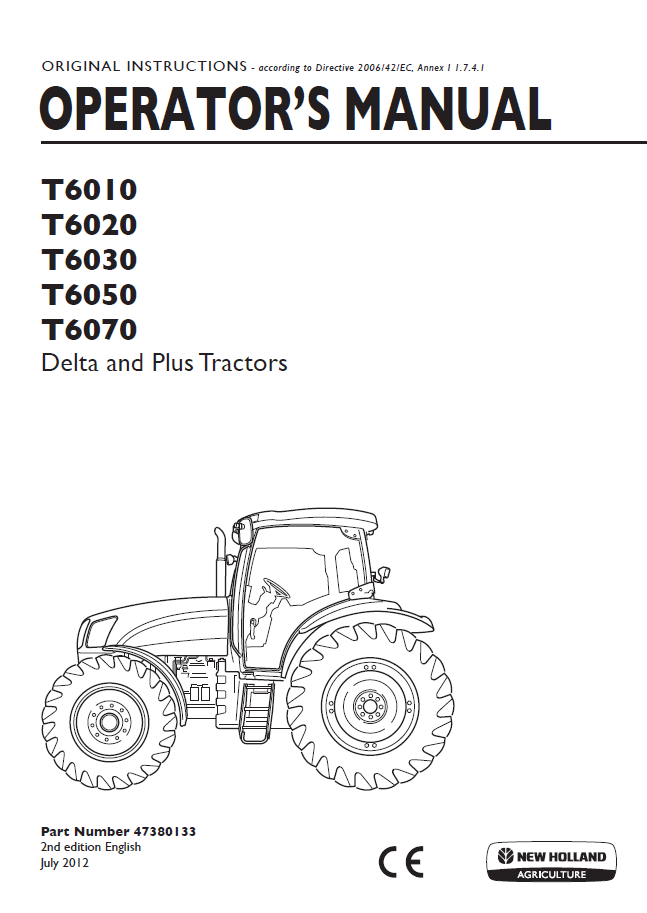New Holland T6010, T6020, T6030, T6050, T6070 Delta and Plus Tractor Operator Manual (47380133 PDF)