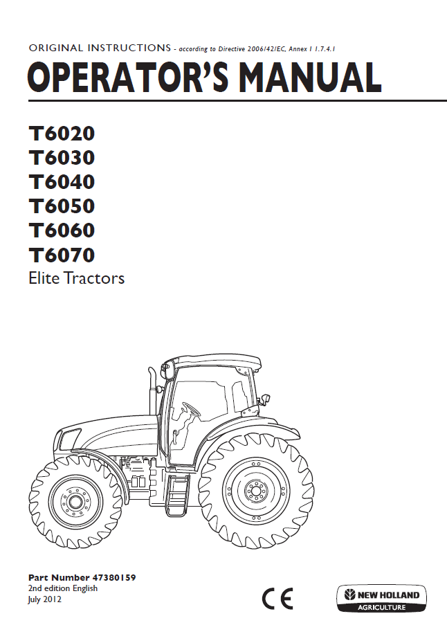 New Holland T6020, T6030, T6040, T6050, T6060, T6070 Elite Tractor Operator Manual (47380159 PDF)