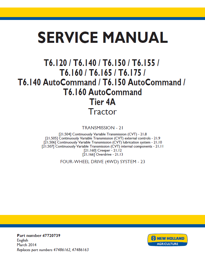 New Holland T6 Series & AutoCommand Tier 4A Tractor Workshop Manual | 47720739