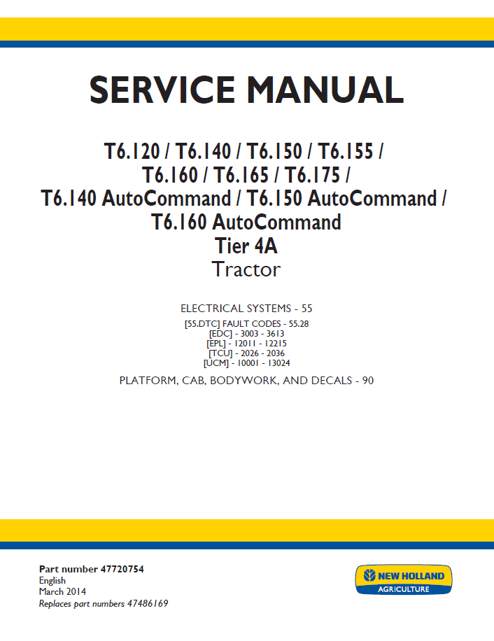 New Holland T6 Series & AutoCommand Tier 4A Tractor Workshop Manual | 47720754