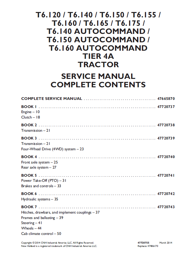 New Holland T6 Series & AutoCommand Tier 4A Tractor Workshop Manual | 47720755