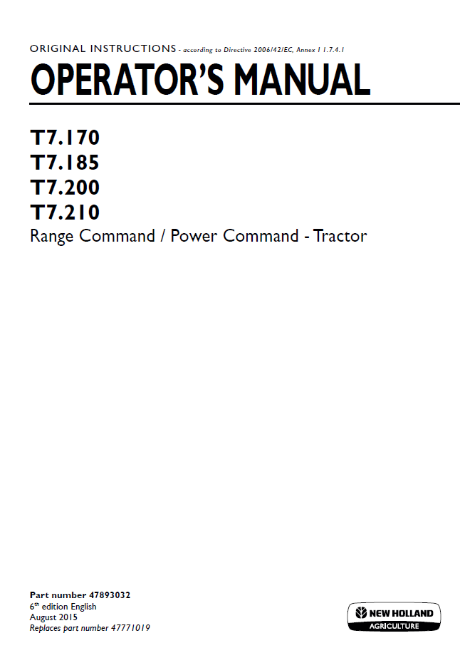 New Holland T7.170 to T7.210 Range/Power Command Operator Manual (Part No. 47893032)