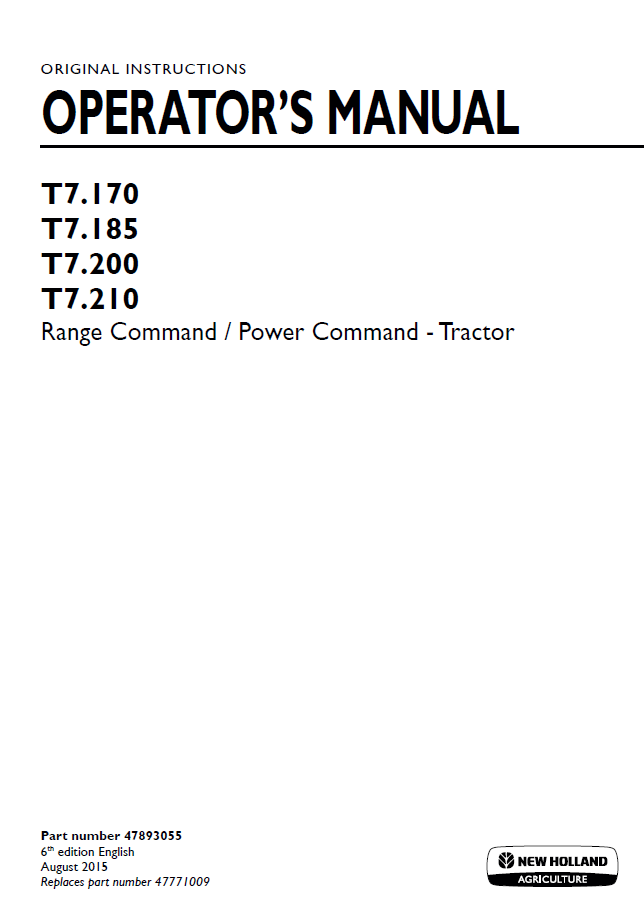 New Holland T7.170 to T7.210 Range/Power Command Operator Manual (Part No. 47893055)