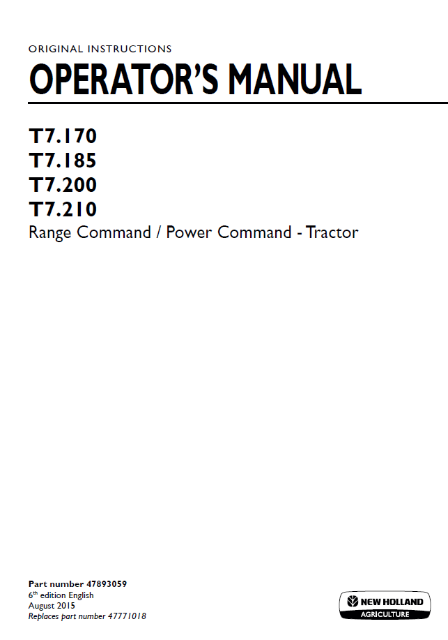 New Holland T7.170 to T7.210 Range/Power Command Operator Manual (Part No. 47893059)