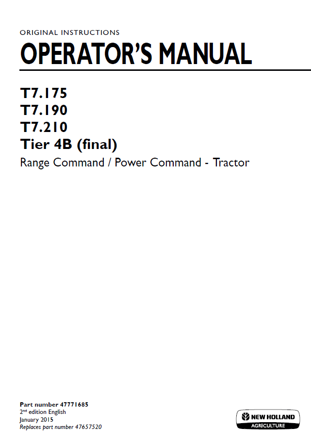 New Holland T7.175-T7.210 Tier 4B Range/Power Command Operator Manual | 47771685 PDF