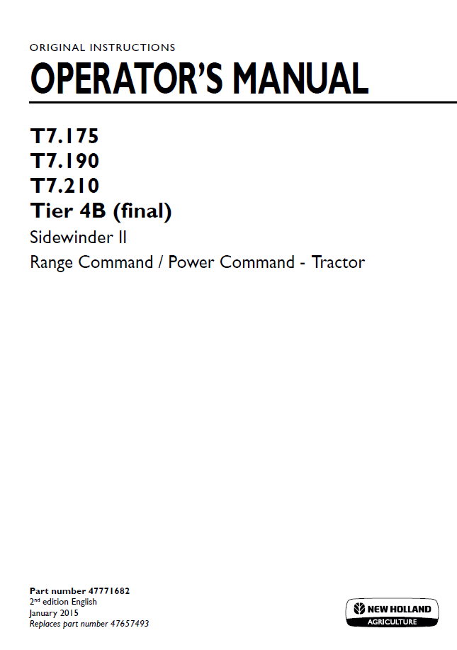 New Holland T7.175-T7.210 Tier 4B Sidewinder II Operator Manual | 47771682 PDF