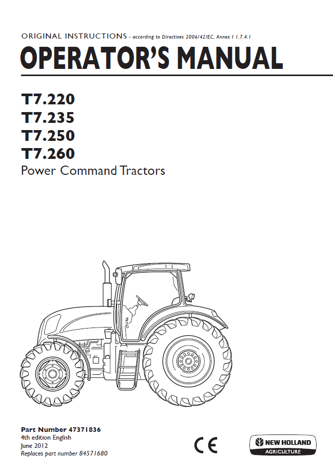New Holland T7.220, T7.235, T7.250, T7.260 Power Command Tractor Operator Manual (47371836 PDF)