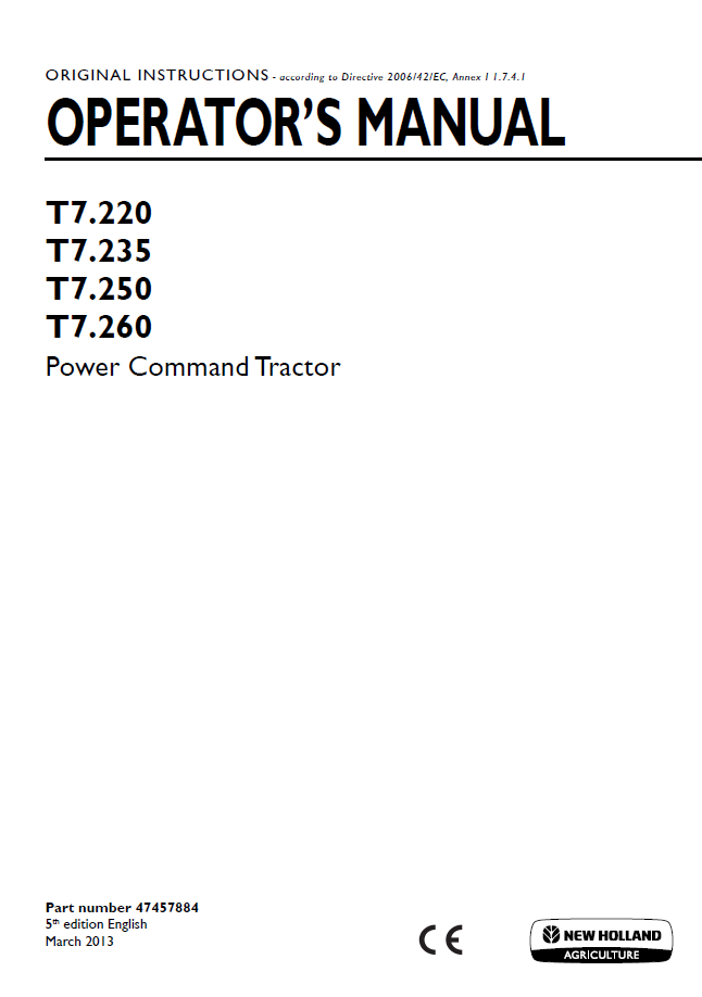 New Holland T7.220, T7.235, T7.250, T7.260 Power Command Tractor Operator Manual (47457884 PDF)