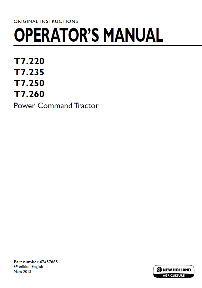 New Holland T7.220, T7.235, T7.250, T7.260 Power Command Tractor Operator Manual (47457885 PDF)