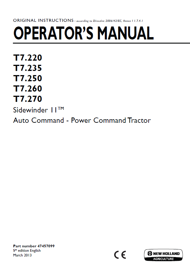 New Holland T7.220, T7.235, T7.250, T7.260, T7.270 SideWinder II Auto Command - Power Command Tractor Operator Manual (47457099 PDF)