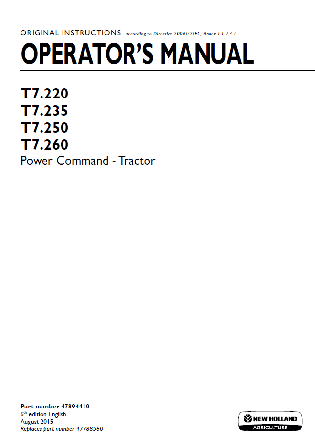 New Holland T7.220 to T7.260 Power Command Operator Manual (Part No. 47894410)