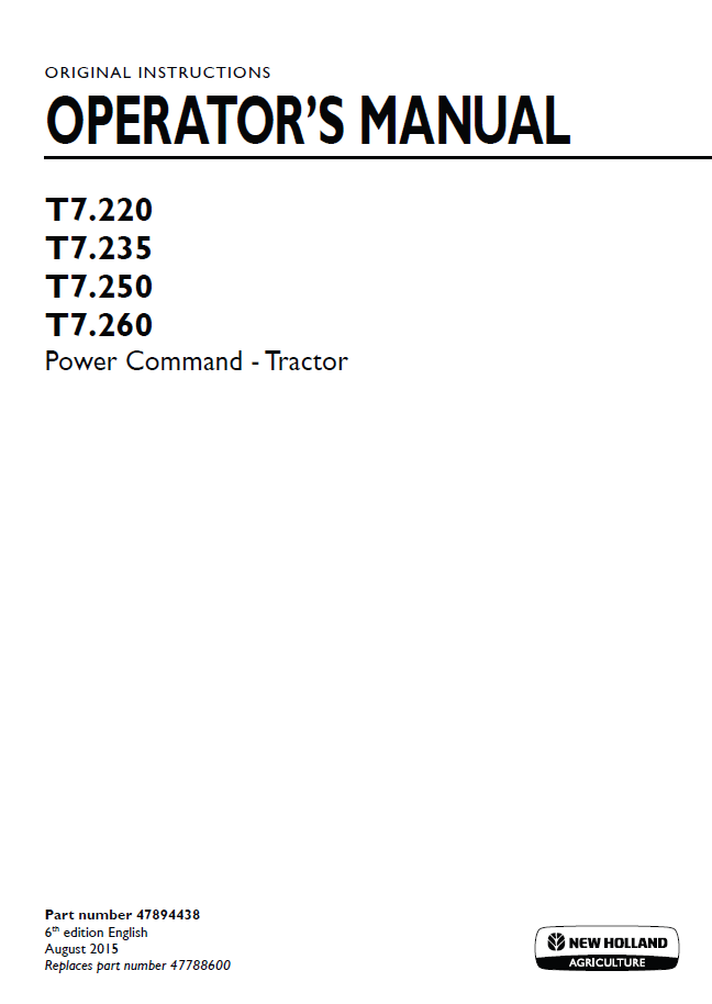 New Holland T7.220 to T7.260 Power Command Operator Manual (Part No. 47894438)