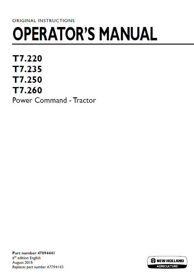 New Holland T7.220 to T7.260 Power Command Operator Manual (Part No. 47894441)