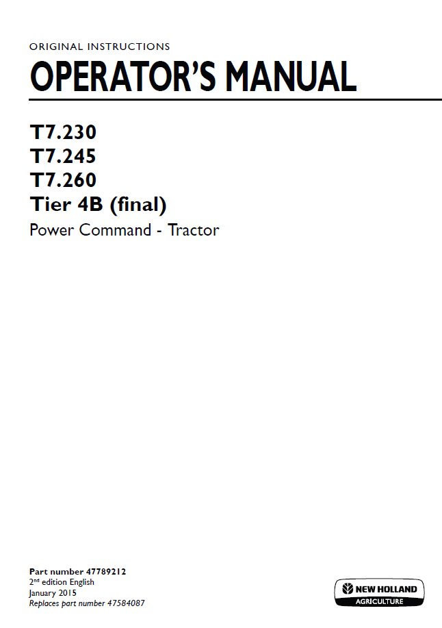 New Holland T7.230-T7.260 Tier 4B Power Command Operator Manual | 47789212 PDF