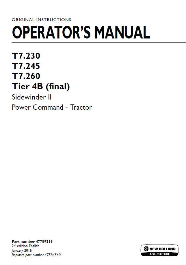 New Holland T7.230-T7.260 Tier 4B Sidewinder II Operator Manual | 47789216 PDF