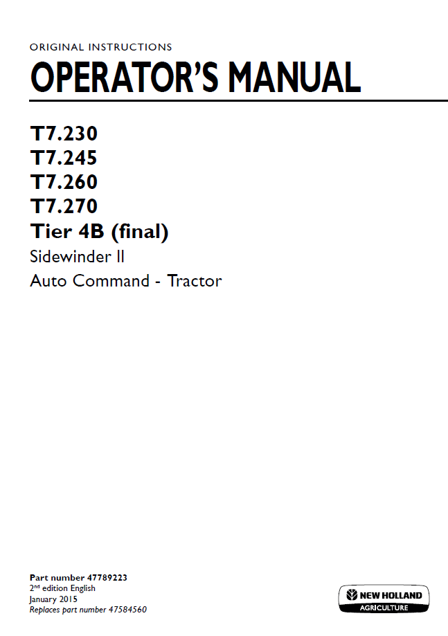 New Holland T7.230-T7.270 Tier 4B Sidewinder II Operator Manual | 47789223 PDF