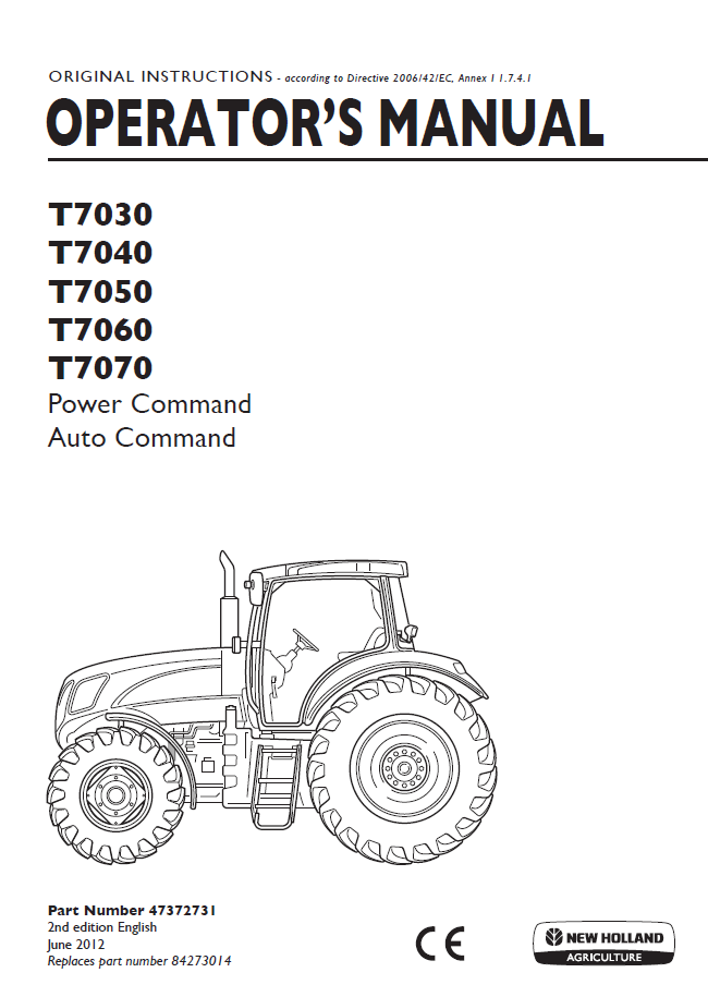New Holland T7030, T7040, T6050, T7060, T7070 Power Command Auto Command Tractor Operator Manual (47372731 PDF)