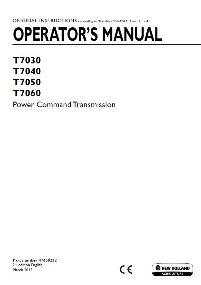 New Holland T7030, T7040, T7050, T7060 Power Command Tractor Operator Manual (47458232 PDF)