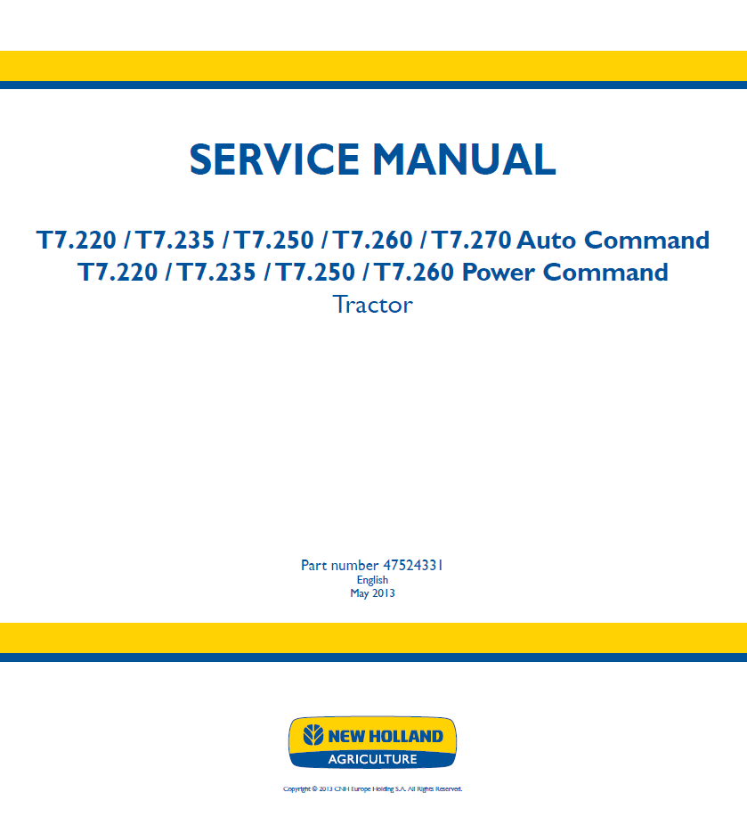 New Holland T7 Auto & Power Command Tractor Workshop Service Manual (47524331 PDF)