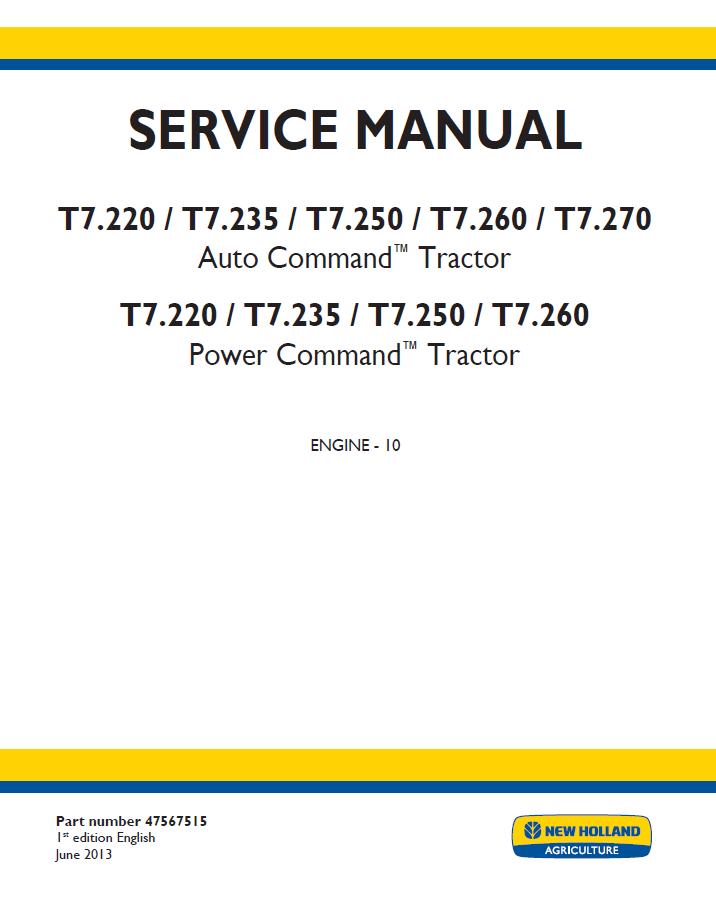 New Holland T7 Auto & Power Command Tractor Workshop Service Manual (47567515 PDF)