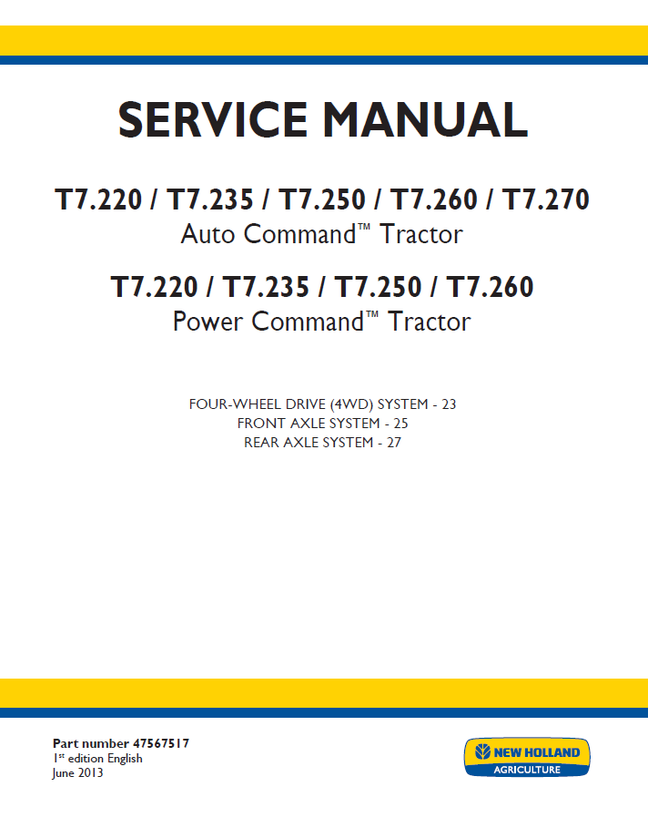 New Holland T7 Auto & Power Command Tractor Workshop Service Manual (47567517 PDF)
