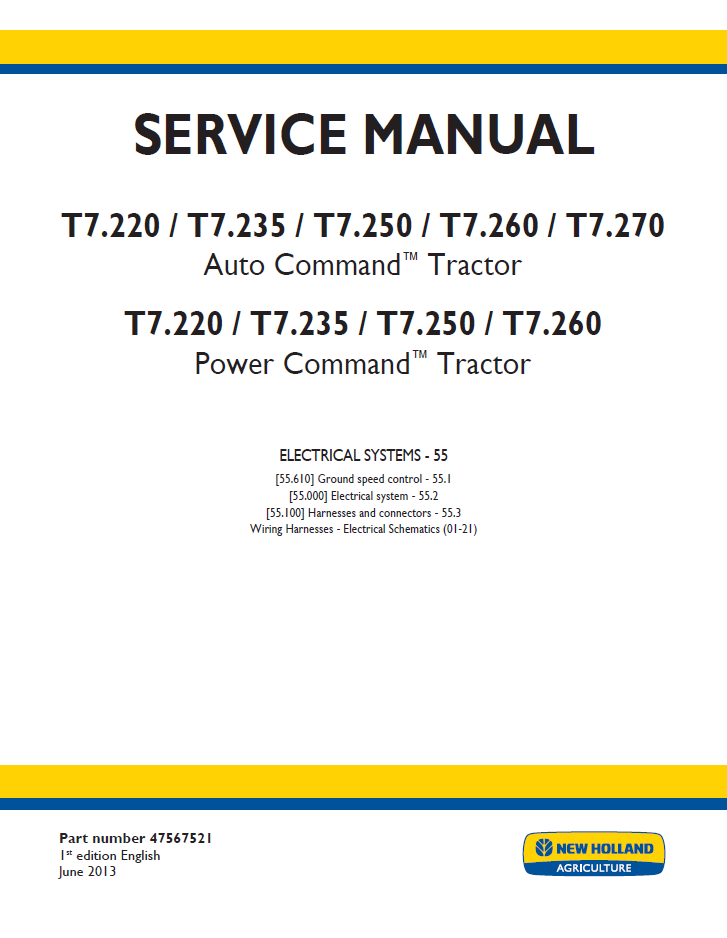 New Holland T7 Auto & Power Command Tractor Workshop Service Manual (47567521 PDF)