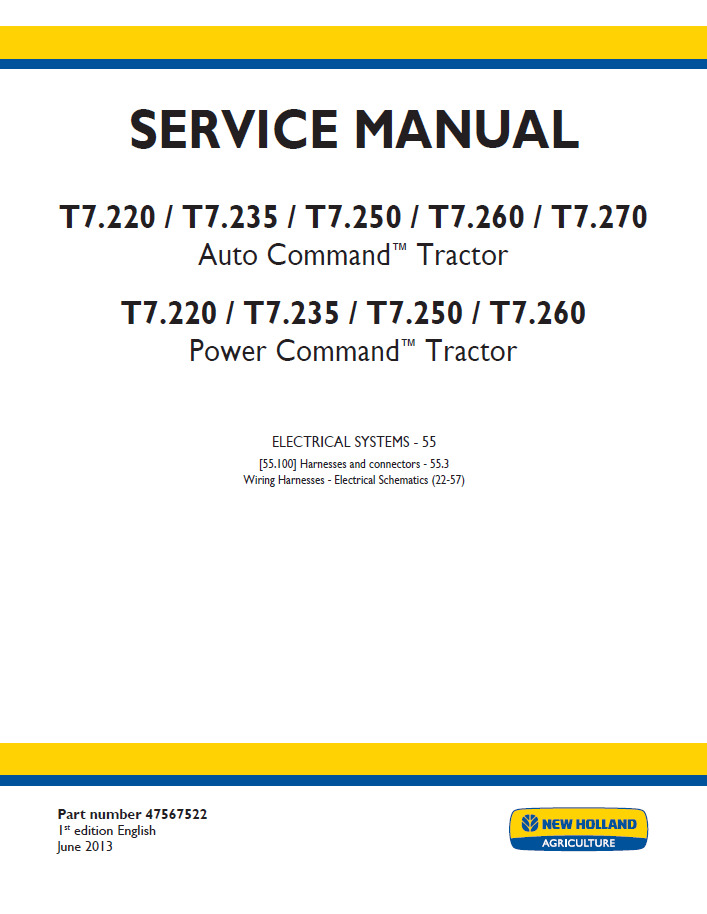 New Holland T7 Auto & Power Command Tractor Workshop Service Manual (47567522 PDF)