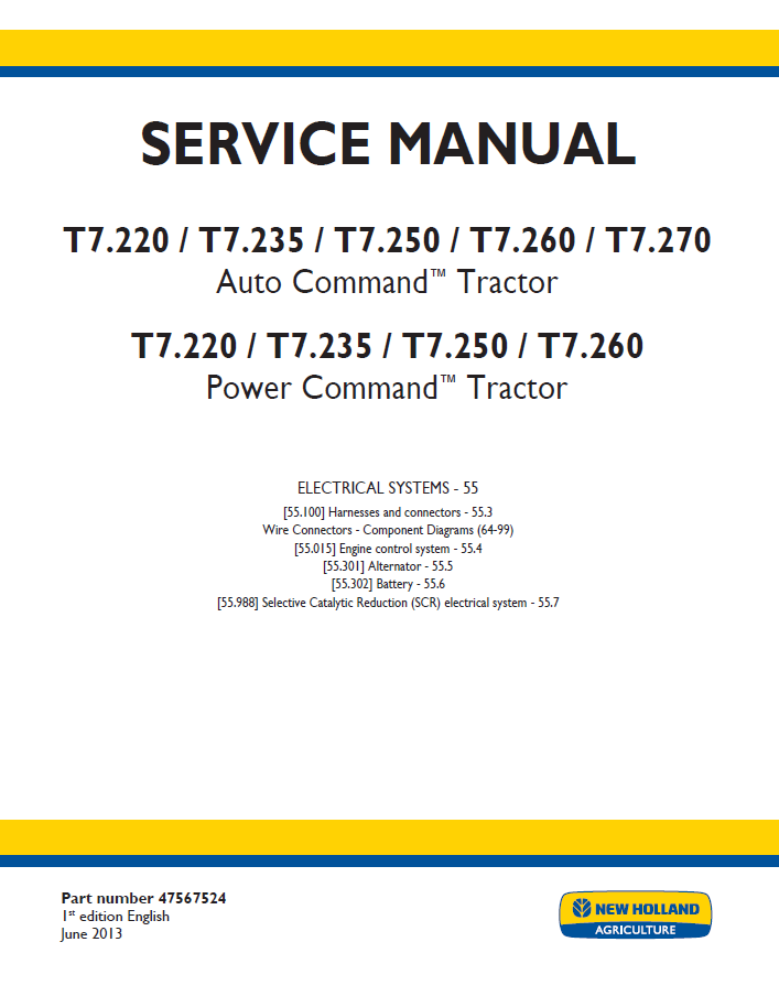 New Holland T7 Auto & Power Command Tractor Workshop Service Manual (47567524 PDF)