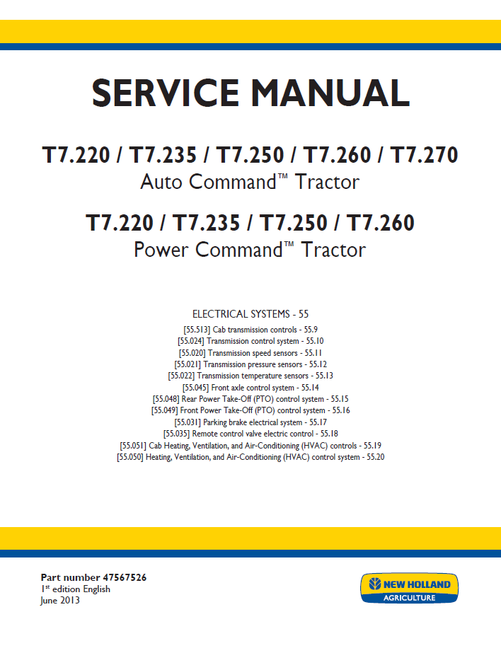 New Holland T7 Auto & Power Command Tractor Workshop Service Manual (47567526 PDF)