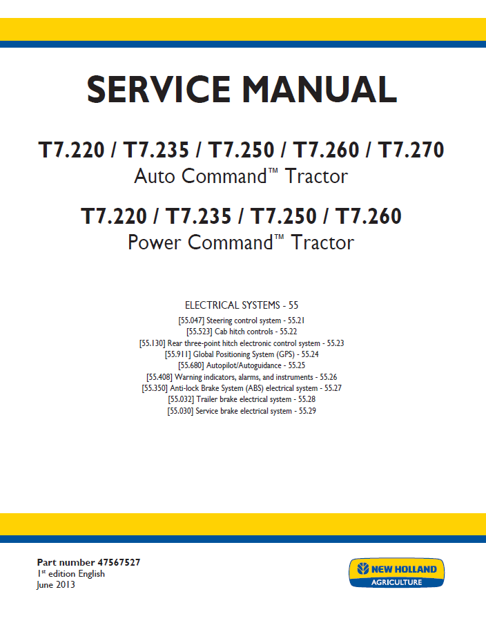 New Holland T7 Auto & Power Command Tractor Workshop Service Manual (47567527 PDF)