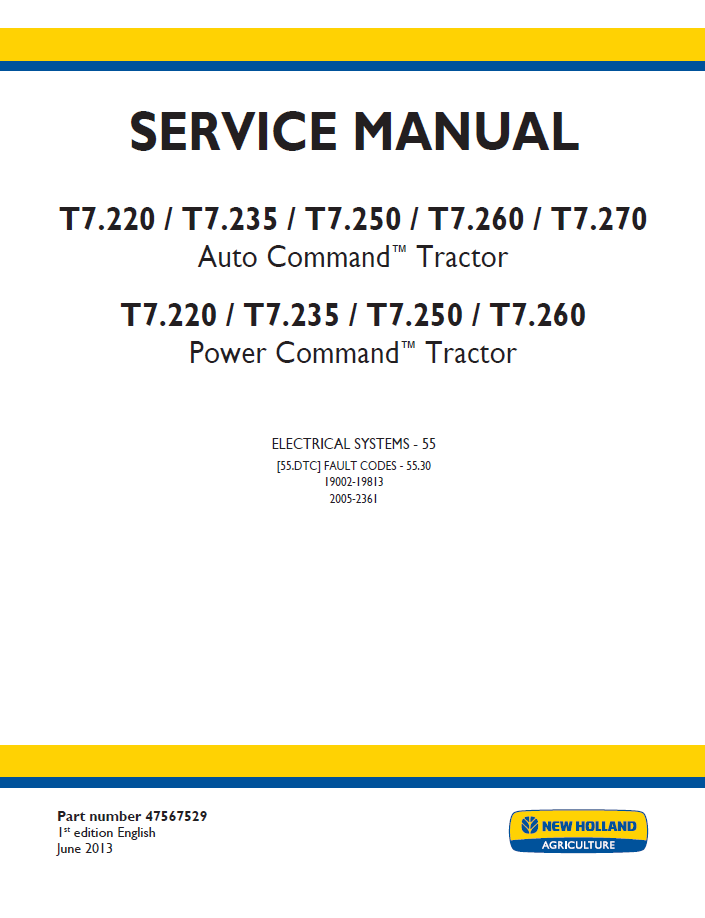 New Holland T7 Auto & Power Command Tractor Workshop Service Manual (47567529 PDF)
