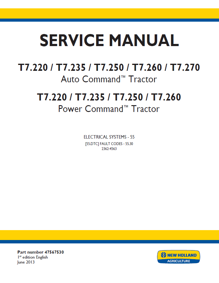 New Holland T7 Auto & Power Command Tractor Workshop Service Manual (47567530 PDF)