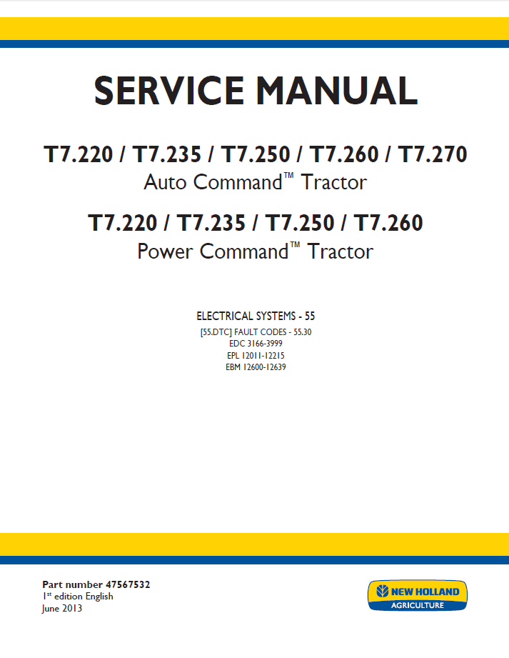 New Holland T7 Auto & Power Command Tractor Workshop Service Manual (47567532 PDF)