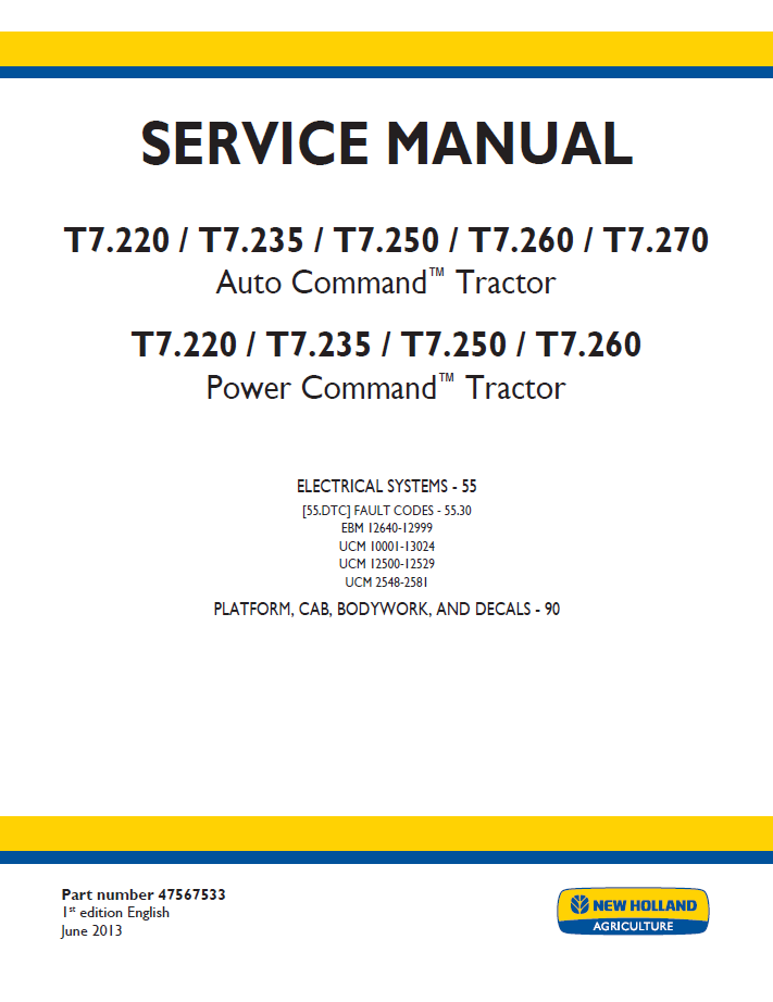 New Holland T7 Auto & Power Command Tractor Workshop Service Manual (47567533 PDF)