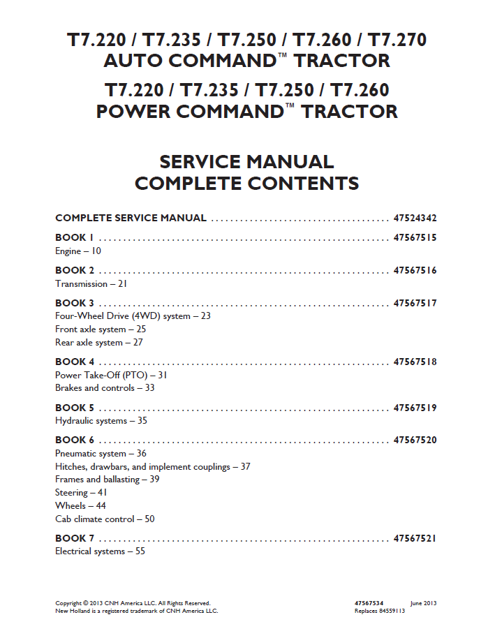 New Holland T7 Auto & Power Command Tractor Workshop Service Manual (47567534 PDF)