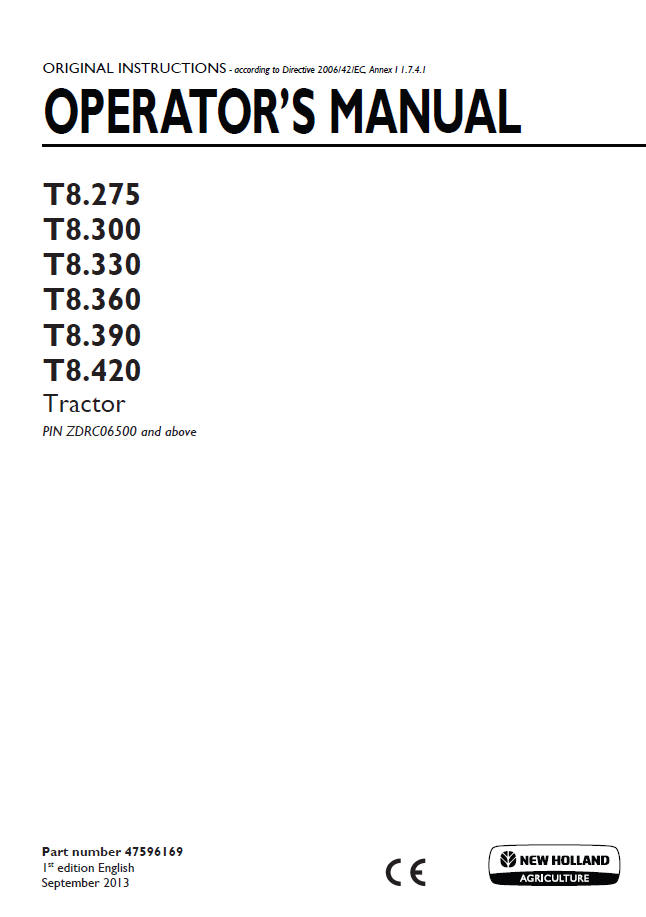 New Holland T8.275 to T8.420 Tractor Operator Manual (Pub. No. 47596169)