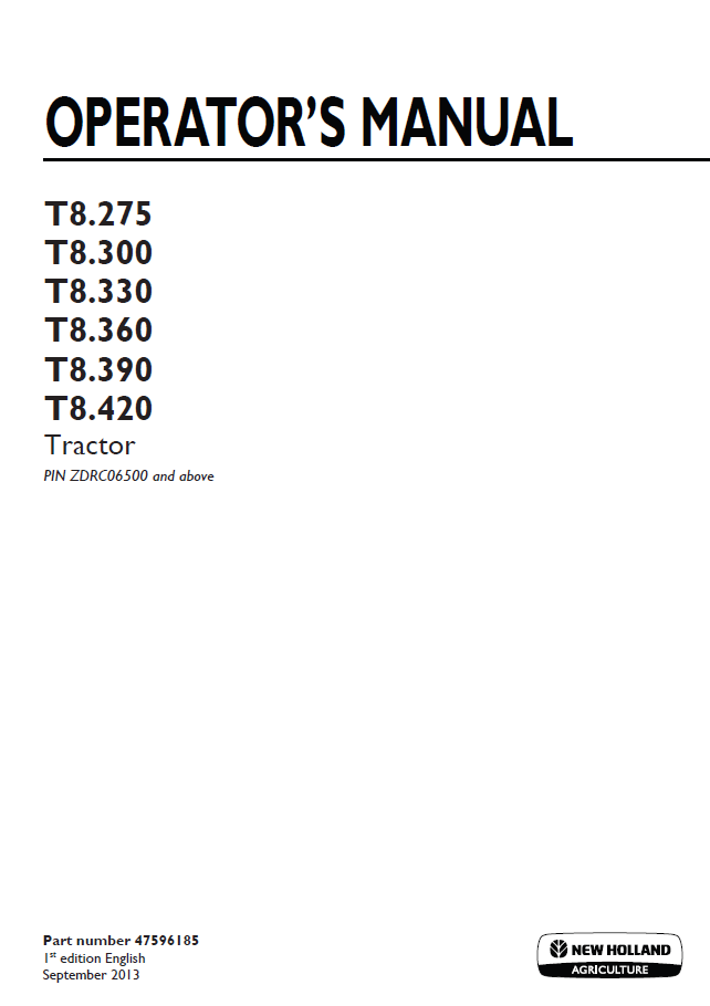 New Holland T8.275 to T8.420 Tractor Operator Manual (Pub. No. 47596185)